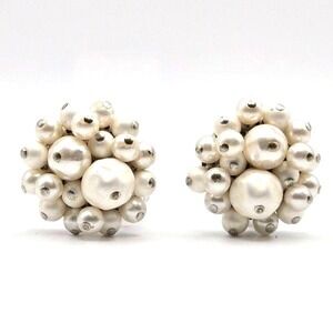 Vintage Faux Pearl Cluster Clip-On Earrings Silvertone Backing and Clips Japan